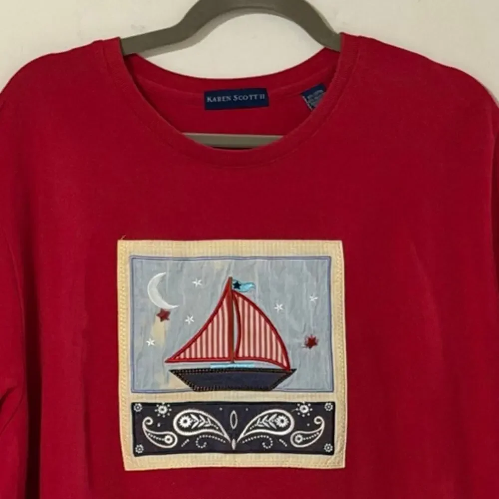 Karen Scott Red Nautical Sailboat Graphic Tee XL